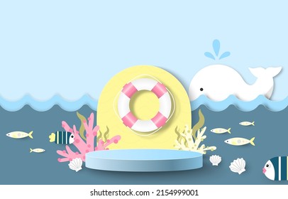 Podium for placing products atmosphere under the sea blue background. decoration, pearl, rubber ring, whale, fish, coral, lighthouse, shellfish. paper cut and craft style. vector  and illustration