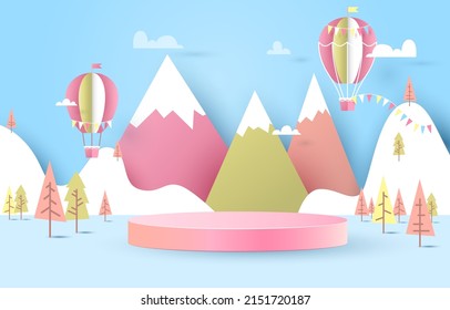 Podium for placing products blue background. decoration, mountain, tree, forest, balloon, sky. paper cut and craft style. vector art and illustration.