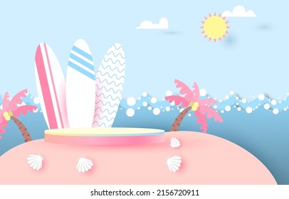 Podium for placing products blue background. decoration, Podium, surfboard, sky. paper cut and craft style. vector art and illustration.