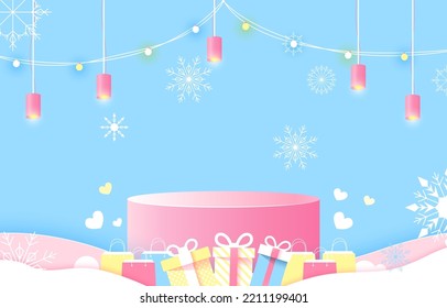 Podium for placing products. Christmas Day, happy, snowflakes, shopping bags, heart, gift box. cut and craft style. vector art and illustration. blue background. 