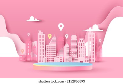 Podium for placing products. clouds, free space, city, check in,  paper cut and craft style. vector art and illustration. pink background. 