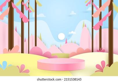 Podio para la colocación de productos. decoración, flor, montaña, árbol, bosque, cielo, corte de papel y estilo artesanal. arte vectorial e ilustración.