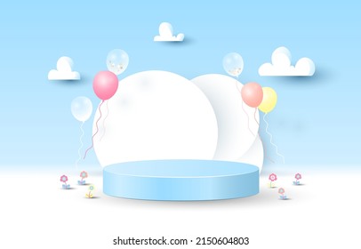 Podium for placing products. free space, vector, paper art, clouds, paper cut and craft style. vector art and illustration. blue background. 