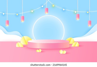 Podium for placing products. light bulb, leaf, paper heart, party,paper cut and craft style. vector art and illustration. blue and pink background
