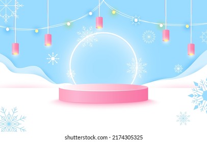 Podium for placing products. light bulb, snowflakes, snow, party, free space, paper cut and craft style. vector art and illustration. blue and white background