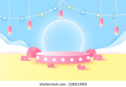Podium for placing products. light bulb, leaf, paper heart, party,paper cut and craft style. vector art and illustration. Version 2.