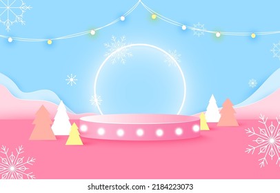 Podium for placing products. light bulb, snowflakes, snow, party, free space, christmas tree, paper cut and craft style. vector art and illustration. blue and pink background