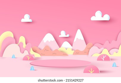 Podium for placing products. pink background, mountains, clouds, free space, vector, paper art, leaf, paper cut and craft style. vector art and illustration. blue background. 