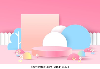 Podium for placing products. pink background, geometric shapes, free space, vector, paper art, leaf, paper cut and craft style. vector art and illustration. blue background. 