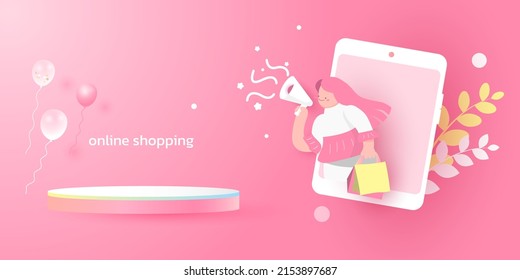 Podium for placing products pink background. online shopping via smartphone. girl holding shopping bags. balloon, megaphone, Podium, paper cut and craft style. vector art and illustration.