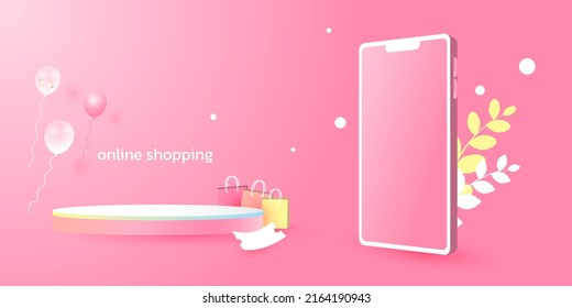 Podium for placing products pink background. online shopping via smartphone. shopping bags, balloon, discount coupon. Podium, paper cut and craft style. vector art and illustration.