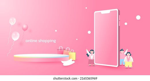 Podium for placing products pink background. online shopping via smartphone. shopping bags, woman, balloon, discount coupon. Podium, paper cut and craft style. vector art and illustration.