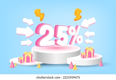 Podium for placing products promotion 25% off,, arrow, gift,  vector art and illustration.