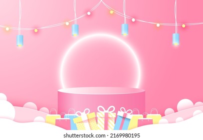 Podium for placing products. sale, happy, shopping bags, gift box. cut and craft style. vector art and illustration. pink background. 