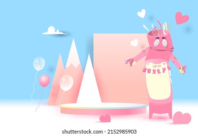 Podium for placing products. There are mountains, balloons, hearts, wind doll, clouds, free space, vector, paper cut and craft style. vector art and illustration. blue background. 