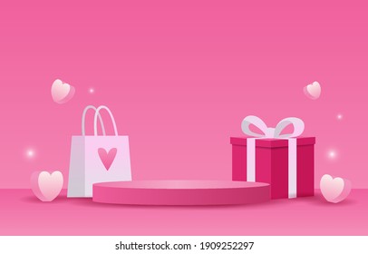 Podium para colocar productos.fondo rosa Concepto de amor o Día de San Valentín. Espacio vacío para el producto Decorado con bolsas de compras, corazones y cajas de regalo, Diseño para banner, promoción, web,app