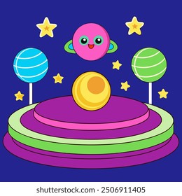 Podium with Planets Vector Illustration: Cosmic and Futuristic Display Design