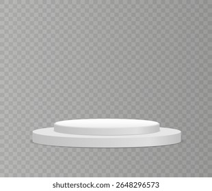 Podium platform 3d render. Circular stage with spotlight and white background for product display. Geometric pedestal in abstract interior, isolated scene for modern presentation or exhibition layout.
