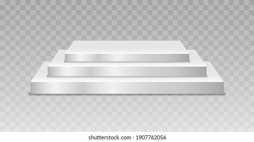 Podium or platform for award ceremony and product presentation. Round and square empty stage and podium stairs vector 3d template. Empty stage or pedestal mockup illuminated with spotlight. 