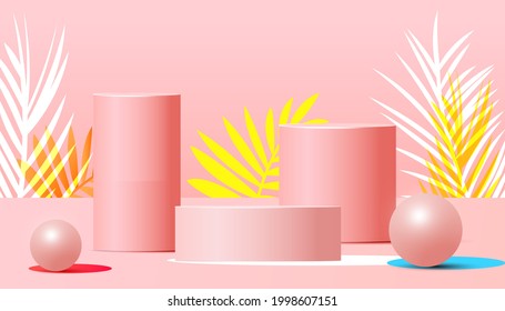 Podium, platform for brand promotion with tropical leaves on pink background. Vector illustration