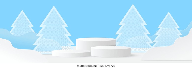 Podium platform and christmas tree on red background. Platform to show product for christmas. Happy new year. Merry Christmas banner