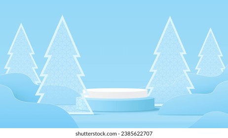 Podium platform and christmas tree on red background. Platform to show product for christmas. Happy new year. Merry Christmas banner