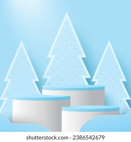 Podium platform and christmas tree on red background. Platform to show product for christmas. Happy new year. Merry Christmas banner