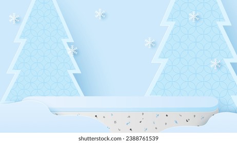 Podium platform and christmas tree on red background. Platform to show product for christmas. Happy new year. Merry Christmas banner