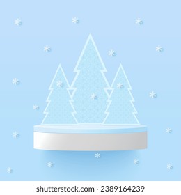 Plataforma de podio y árbol de navidad sobre fondo azul. Plataforma para mostrar producto para navidad. Feliz año nuevo. Banner de navidad
