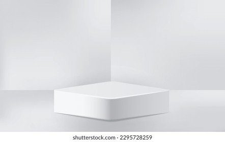 Podium platform display white and grey background. Empty room studio texture. Geometric wall vector design.