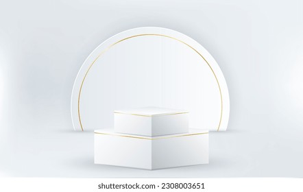 La plataforma de podio muestra el fondo blanco y gris con líneas doradas. Textura de estudio de habitación vacía. Diseño de vector de pared semicírculo geométrico.