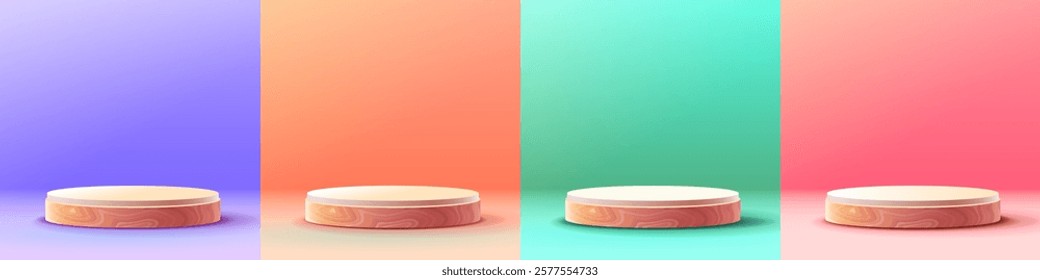 podium platform with geometric shapes, Product banner, purple orange green red background and 3D vector