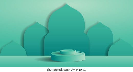 Podium platform with mosque silhouette. Studio background vector 3d. podium display ramadan background.