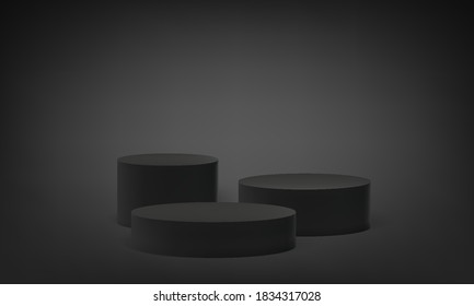 Podium platform on 3D base stand, vector round stage pedestal on black gray background. Round pillar block stand or scene pedestal in studio, empty isolated columns on podium platform