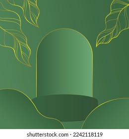 Podium platform on green background with gold leaf