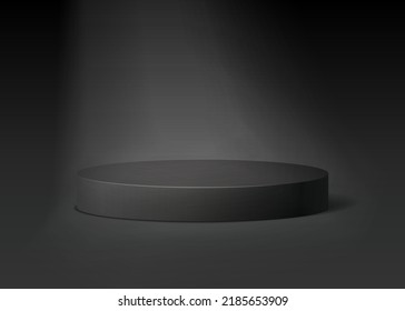 Plataforma de podio para la presentación de productos. Podio vectorial 3d realista negro con foco en el fondo negro. Para mostrar productos cosméticos.