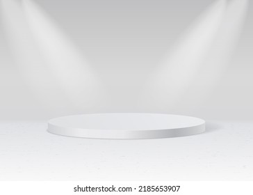 Plataforma de podio para la presentación de productos. Podio vectorial 3d blanco realista con foco sobre fondo blanco. Para mostrar productos cosméticos.