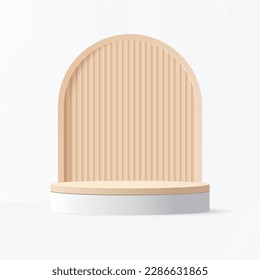 Podium platform to show product with beige circle background. White minimal scene for product display presentation