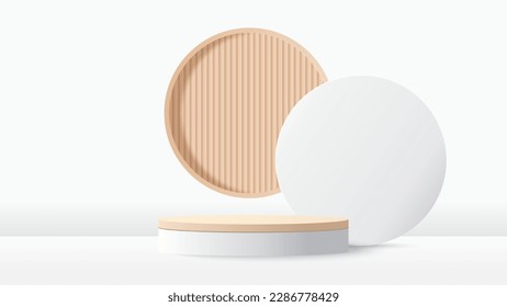 Podium platform to show product with beige circle background. White minimal scene for product display presentation