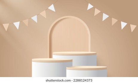 Podium platform to show product with beige geometric shape. Beige minimal scene for product display presentation