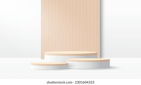 Podium platform to show product with beige square background. White minimal scene for product display presentation