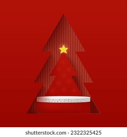 Podium platform to show product with christmas tree shape. Red minimal scene for product display presentation. Merry Christmas banner