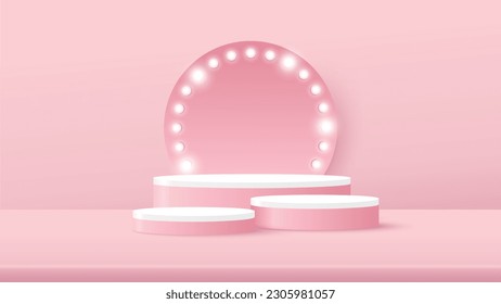Plataforma de podio para mostrar el producto con fondo de círculo con señal de luz y foco sobre fondo rosa. Ilustración del vector