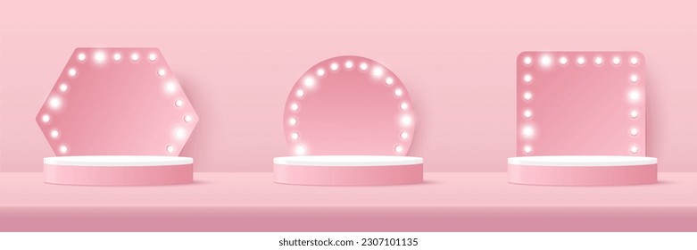 Podium platform to show product with circle, square and hexagon backdrop with light sign and spotlight on pink background. Vector illustration