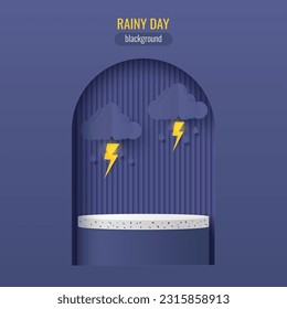 Podium platform to show product with cloud and bolt with rain on dark background. Rainy minimal scene for product display presentation. Rainy concept