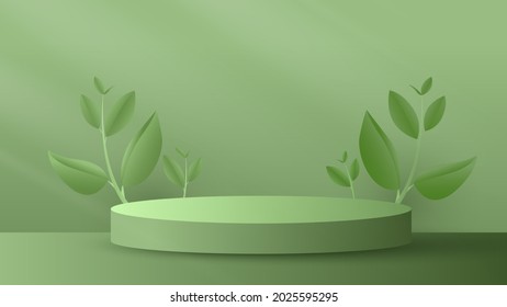 Podium Platform To Show Product With Green Tea Leaves On Green Background. Paper Cut And Craft Style Illustration