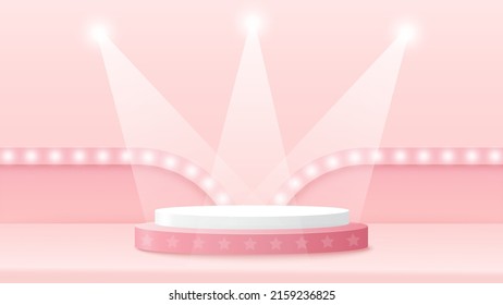 Podium platform to show product with light sign and spotlight on pink background. Vector illustration