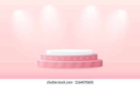 Plataforma de podio para mostrar el producto con señal de luz y foco sobre fondo rosa. Ilustración del vector