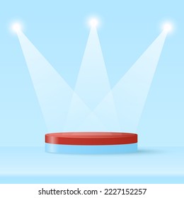 Plataforma de podio para mostrar el producto con señal de luz y foco sobre fondo azul. Ilustración del vector