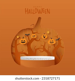 Podium platform to show product with orange pumpkin shape on halloween tree background. orange minimal scene for product display presentation. happy halloween banner